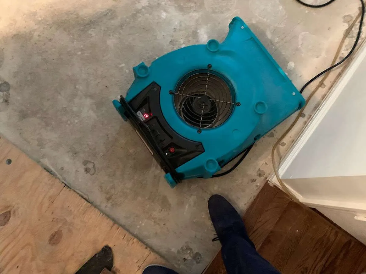 Air mover drying subfloor during Commercial Water Damage Restoration in Crookston